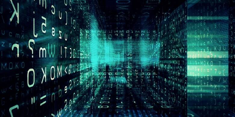 A digital tunnel filled with glowing blue and green code, symbols, and numbers, evoking an immersive, futuristic cyber-themed visual effect—perfect for illustrating IT Support Los Angeles MSP services.