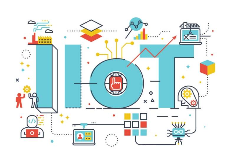 Colorful IIoT illustration with factory, data chart, cloud and connected-device icons