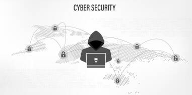 A hooded figure at a laptop with a skull icon represents a hacker. The background shows a world map with padlocks and connecting lines, highlighting global cyber security threats and the vital role of IT Support Los Angeles MSP MSSP services in data protection.